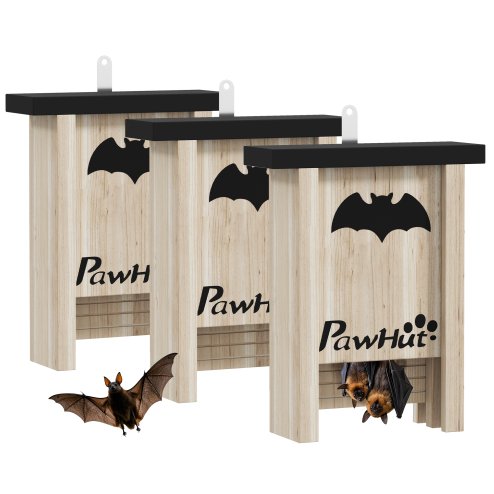 PawHut Bat Boxes, Pack of 3 Wooden Bat Houses for Outdoor, Garden, Farm, Easy for Bat to Land and Roost, Designed to Attract Bats & Easy to Hang, 18 x 6 x 22.5 cm