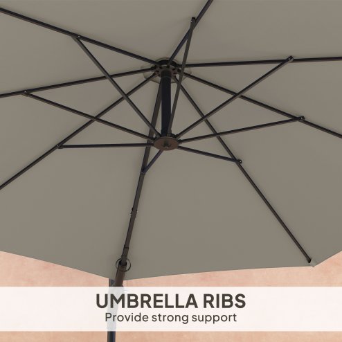 Outsunny 3 M Wall Mounted Garden Parasol Umbrella with Rotate, Outdoor Market Umbrella Sun Shade Canopy with 8 Ribs, Light Grey