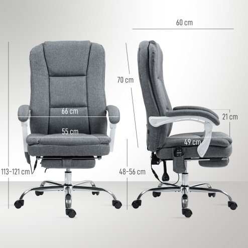 HOMCOM Office Chair with 6-point Massage and Heat, Fabric Computer Desk Chair with Reclining Backrest, High Back, Height Adjustable, Swivel Wheels, Footrest, Remote, for Home, Grey