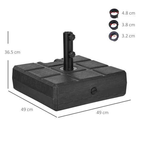 Outsunny Garden Parasol Base with Wood Effect, 30kg Water or 40kg Sand Filled, Heavy Duty HDPE Umbrella Stand with Double Knob, Fillable Parasol Stand for 32mm, 38mm, 48mm Poles, Black