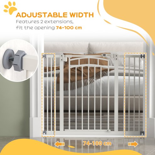 PawHut Dog Stair Gate, Pressure Fit Dog Safety Gate with Automatic Closing System, Double Locking, for Stairs, Doors, Hallways, House, 74-100cm Width, White