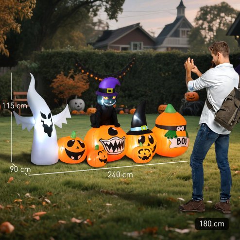 Outsunny 8 FT Halloween Inflatables Pumpkin Ghost and Cat Combo, Outdoor Halloween Decorations with 9 Built-in LEDs, Self-Inflating Blow Up Decor for Garden Party
