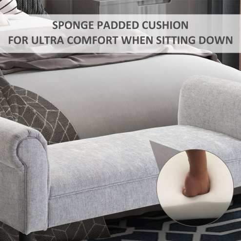HOMCOM Bed End Bench, Window Seat, Linen Chaise Lounge Sofa with Arm and Wooden Legs for Bedroom, Living Room, Grey