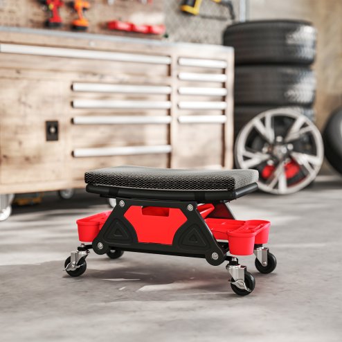 HOMCOM Rolling Mechanic Stool, 135kg Capacity Workshop Stool, 360 Swivel Roller Padded Creeper Seat with Wheels, Slide Out Tool Trays and Drawer for Garage, Shop, Auto Repair, Black