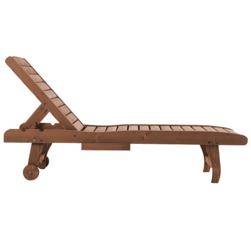 Outsunny Garden Patio Sun Lounger, Outdoor Wooden Sun Bed with Built-In Table, Reclining Backrest and Rolling Wheels for Sunbathing, Red Brown