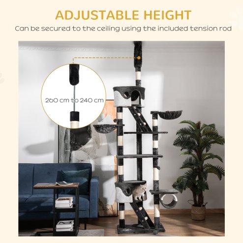 PawHut Floor to Ceiling Cat Tree, 240-260cm Adjustable Height Kitten Tower with Scratching Posts, Cat Houses, Ramps, Hammocks, Toy Balls, Tunnel for Indoor Use - White