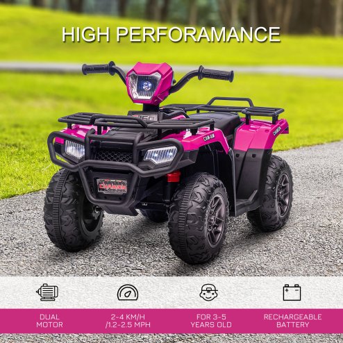 HOMCOM 12V Electric Quad Bike for Kids, Ride-On Car All Terrain Vehicle w/ Forward, Reverse Functions, Music, LED Headlights, for Ages 3-5 Years - Pink