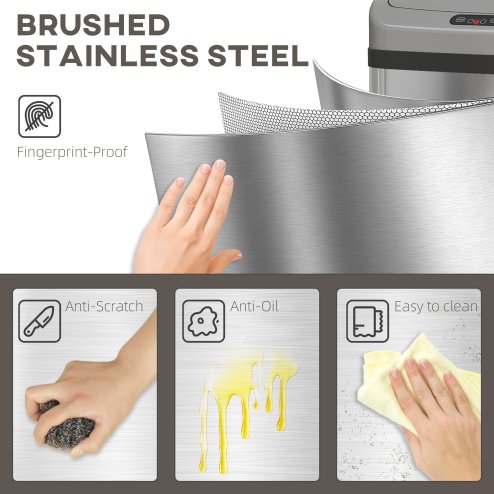 HOMCOM 48L Sensor Bin, Stainless Steel Kitchen Bin with Automatic Soft Close Lid and Fingerprint-Proof for Recycling and Waste, Silver Tone