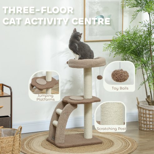 PawHut Cat Tree for Indoor Cats, 88cm Cat Tower with Sisal Scratching Post, Hanging Ball, Large Cat Perch, Stairs, Cat Activity Centre for Kitten, Brown