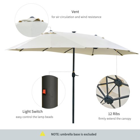 Outsunny 4.4m Double-Sided Sun Umbrella Garden Parasol Patio Sun Shade Outdoor with LED Solar Light, NO BASE INCLUDED, Cream White