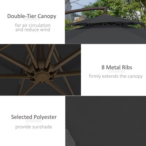 Outsunny 2.7m Garden Banana Parasol Cantilever Umbrella with Crank Handle, Double Tier Canopy and Cross Base for Outdoor, Hanging Sun Shade, Black