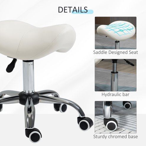HOMCOM Cosmetic Stool 360?? Rotate Height Adjustable Salon Massage Spa Chair Hydraulic Rolling Faux Leather Saddle Stool Mobility, Cream