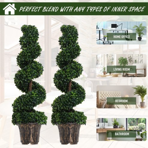 Outsunny Set of 2 Artificial Boxwood Spiral Topiary Trees Potted Decorative Plant Indoor D??cor 120cm