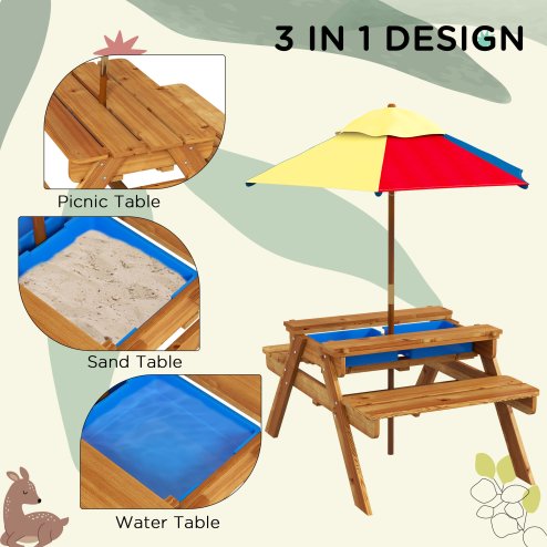Outsunny Kids Picnic Table 3 in 1 Sand Pit Table Wooden Garden Furniture Bench Sand and Water Pit, with Removable Parasol, for Ages 3-6 Years Outdoor