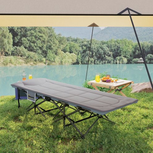 Outsunny Folding Camping Bed for Adults with Cushion, Heavy Duty Portable Travel Camping Cot with Headrest, Side Pocket and Non-Slip Foot Pads for Outdoor Beach Travel Office, Grey