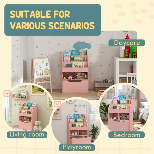 HOMCOM Kids Bookshelf with Storage Drawer, Children's Bookcase with Wheels, Toy Organiser for Bedroom, Playroom - Pink