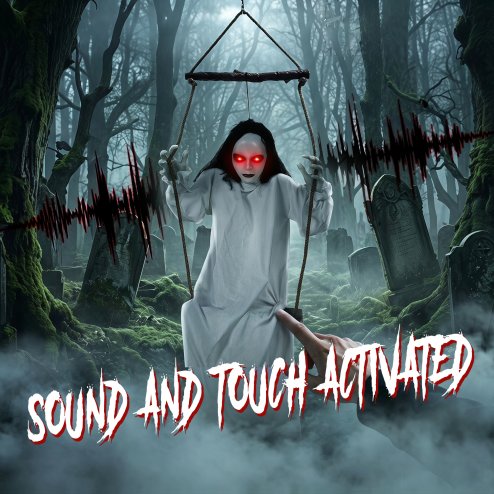 HOMCOM 170cm Animated Hanging Swing Ghost Halloween Decorations Outdoor Indoor, Sound Touch Activated Ghost Halloween Animatronic with Glowing Red Eyes for Haunted House Party Decorations