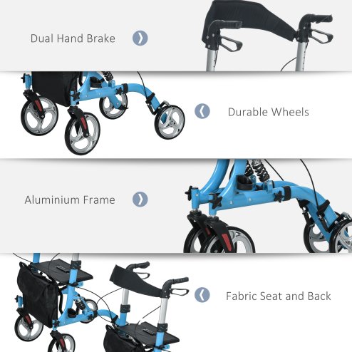 HOMCOM 4 Wheel Rollator with Seat and Back, Lightweight Folding Mobility Walker with Large Wheels, Carry Bag, Adjustable Height, Aluminium Walking Frame with Dual Brakes for Seniors, Blue