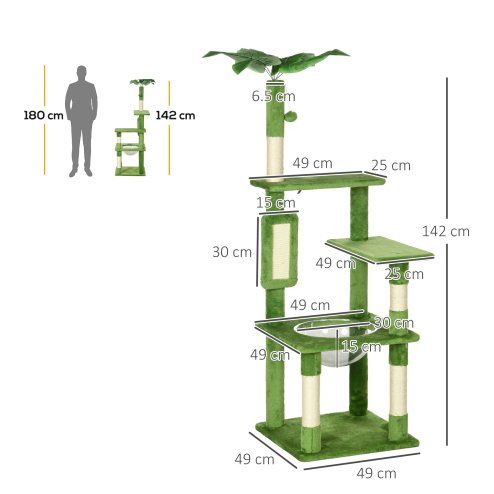 PawHut 142cm Cat Tree for Indoor Cats, Cat Tower with Scratching Posts, Scratch Board, Hammock, Toy Balls, Multi-level Platforms, Green