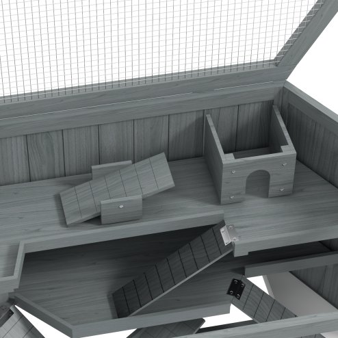 PawHut Wooden Large Hamster Cage Small Animal Exercise Play House 3 Tier with Sliding Tray, Seesaws, Water Bottle, Grey