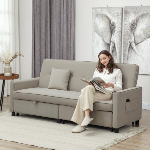 HOMCOM Sectional Sofa Bed, L-Shaped 3 Seater Sofa Bed, Reversible Sleeper Sofa with Pull Out Couch Bed, Cushions, Fabric Futon Sofa Bed for Living Room, Beige