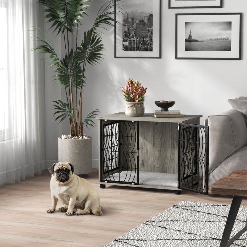 PawHut Dog Crate Furniture, Dog Cage End Table with Large Top, Soft Washable Cushion, Lockable Front Door, Wire Mesh Ventilation, Indoor Pet Crate for Medium Sized, 80 x 56 x 63cm - Grey wood effect