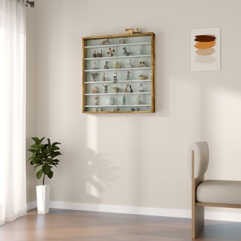 HOMCOM 7-Tier Wall Mounted Display Cabinet, Display Case with 6 Adjustable Shelves, Glass Doors for Home Office Ornaments 83x80cm, Rustic Brown