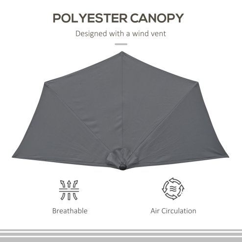 Outsunny 3(m) Half Parasol, Semi Round Umbrella with Metal Frame, Crank Handle for Balcony, Garden, Grey