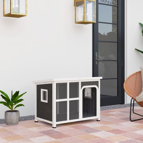 PawHut Outdoor Dog Kennel, Wooden Dog House Shelter with Asphalt Openable Top, Removable Floor, Clear Front Panel, Curtain, Windows, for Small, Medium Puppies, 90 x 62 x 71cm, Light Grey