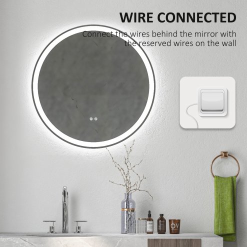 kleankin Round Bathroom Mirror with LED Lights, Wall Mount Dimmable Makeup Mirror with 3 Temperature Colours, Defogging Film and Memory Function, Frameless, Hardwired