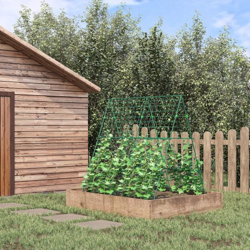 Outsunny Garden Cucumber Trellis for Climbing Plants, A-Frame Trellis Plant Support with Climbing Net, DIY Adjustable Cucumber Support Frame for Raised Bed, Vegetables, Flowers, Fruit, Green