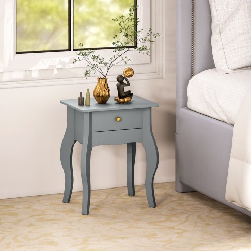 HOMCOM French Style Side Table with Drawer, End Table with Curved Legs, Bedside Table for Living Room, Bedroom, Grey