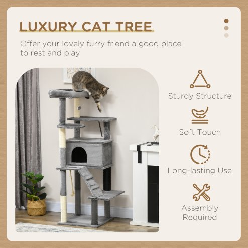 PawHut 148cm Cat Tree for Indoor Cats with Scratching Post, Cat Tower for Two Cats, with Cat House, Bed, Toy, Grey