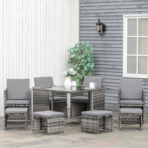 Outsunny 8 Seater Rattan Cube Garden Furniture Set, Rattan Dining Set with Cushions, Outdoor Dining Table and Chairs with 4 Armchairs, 4 Stools, Square Glass Top Table, Mixed Grey