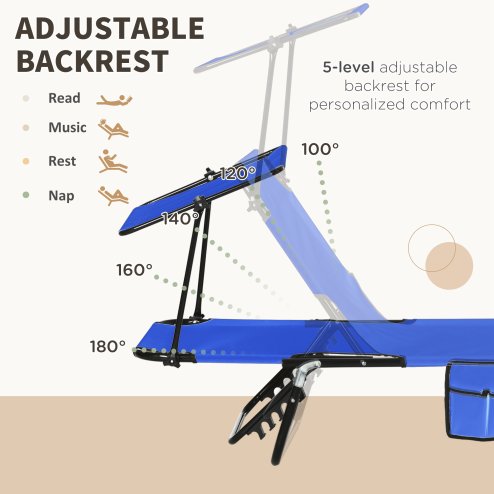 Outsunny 2 Piece Folding Sun Loungers with Canopy, Adjustable Recliner Garden Chairs with Side Pocket, Steel Frame and Breathable Mesh for Outdoor, Pool, Beach, Garden, Blue