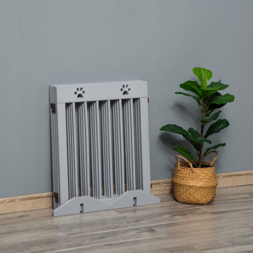 PawHut Freestanding Pet Gate 4 Panel Wooden Dog Barrier Folding Safety Fence with Support Feet up to 204cm Long 61cm Tall for Doorway Stairs Light Grey