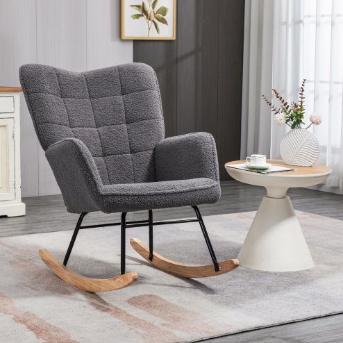 HOMCOM Wingback Rocking Chair with Wooden Base, Fleece Glider Rocker for Nursing, Modern Armchair - Dark Grey