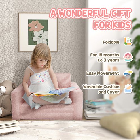 AIYAPLAY Toddler Sofa, Kids Sofa Bed, 2 in 1 Recliner Foldable Kids Armchair with Washable Cushion, Cover, for 1.5-3 Years Old, One Seater, Pink