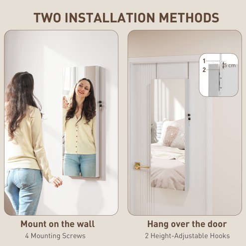 HOMCOM Jewellery Cabinet with LED Lights, Door Hanging or Wall Mounted Full Length Mirror with Storage, Lockable Jewellery Organiser, White Surface and Black Lining