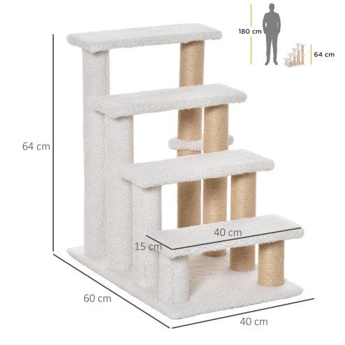 PawHut Pet Stair, Cat Tree with 4-step Climb Ladder, Scratching Posts, Platforms, Toy Ball, for Indoor Elderly Cats Kittens, White