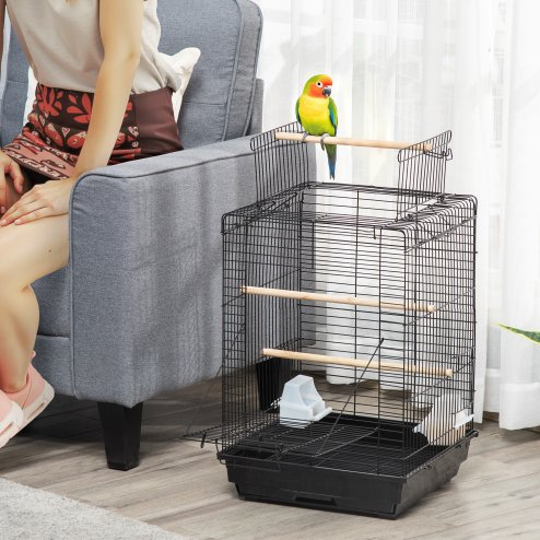 PawHut Bird Cage Parrot Cage Budgie Cage 59cm with Openable Top, Stand, Tray, Handles, Feeding Bowls for Parakeet, Finch, Black