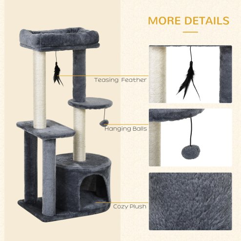 PawHut 100cm Cat Tree for Indoor Cats, Cat Tower Condo for Kittens with Cat House Sisal Scratching Posts, Hanging Ball Toys, Perches - Grey