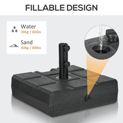 Outsunny Garden Parasol Base with Wood Effect, 30kg Water or 40kg Sand Filled, Heavy Duty HDPE Umbrella Stand with Double Knob, Fillable Parasol Stand for 32mm, 38mm, 48mm Poles, Black