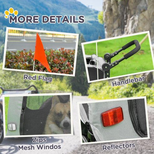 PawHut Dog Bike Trailer, 2 in 1Foldable Pet Stroller with Hitch Coupler, Reflectors, Quick Release Wheels, Flag, for Medium Dogs, Grey