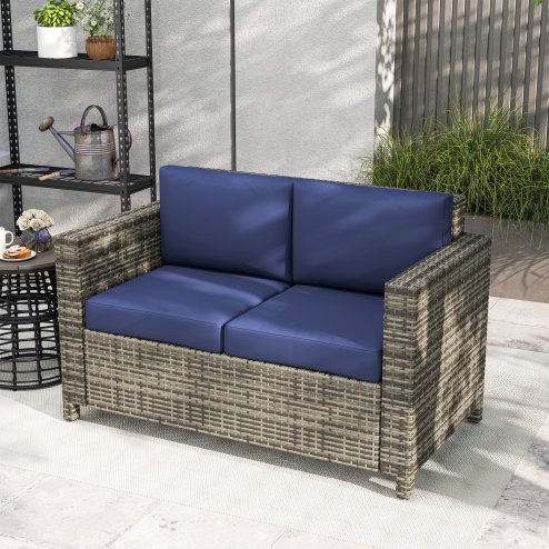 Outsunny Rattan Sofa, 2 Seater Garden Furniture with Soft Padded Cushion and Armrests, Wicker Garden Loveseat for Patio, Navy Blue