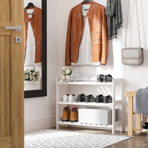 HOMCOM 3-Tier Shoe Rack Wood Frame Slatted Shelves Spacious Open Hygienic Storage Home Hallway Furniture Family Guests 70L x 26W x 57.5H cm