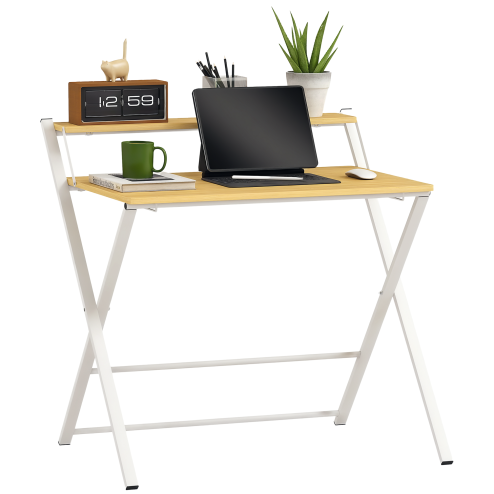 HOMCOM Compact Folding Desk for Small Spaces, Foldable Computer Desk with Storage Shelf for Home Office, 2-Tier Study Writing Table, 86 x 66 x 82 cm, Maple Wood-effect