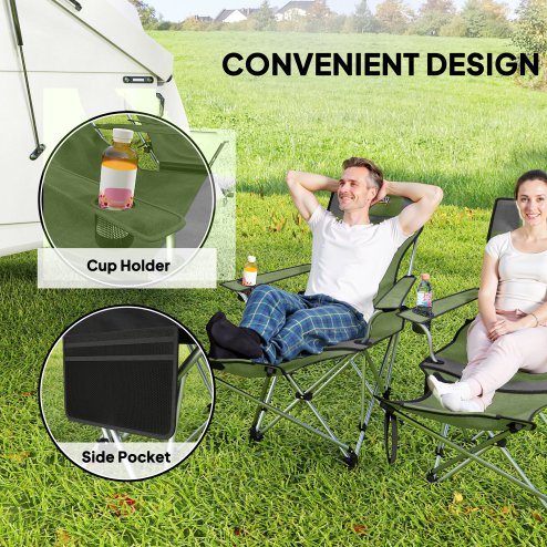 Outsunny Set of 2 Reclining Folding Camping Chair w/ Detachable Footrest, Storage Bag, Cup Holder & Headrest, Lightweight Portable Camp Chair for Beach, Picnic, Olive Green and Grey