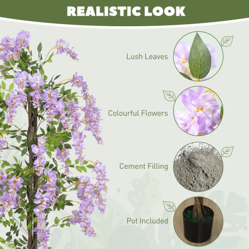 HOMCOM Artificial Wisteria Flower, Tall Fake Plant with 756 Leaves and 54 Flowers in Pot, Decorative Artificial Plant for Home Indoor Decor, 180 cm, Purple