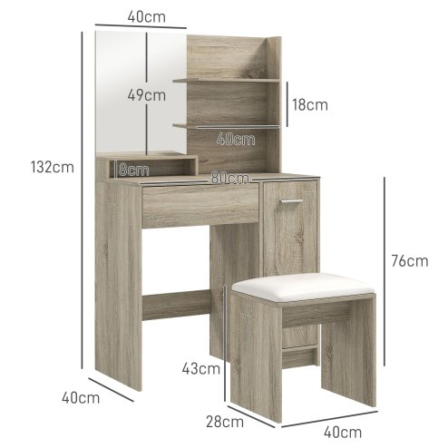 HOMCOM Dressing Table with Mirror and Stool, Vanity Table, Modern Makeup Desk with Drawer, Storage Cabinet and Adjustable Shelf for Bedroom, Natural Wood Finish